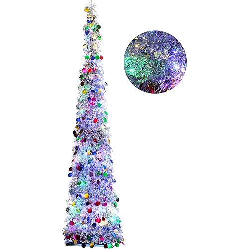 Orgrimmar 5FT Artificial Christmas Tree Pop Up Christmas Tree Tinsel Coastal Pencil Tree with 100 Multi-Color LED Lights for Holiday Home Party Decoration (Multi)