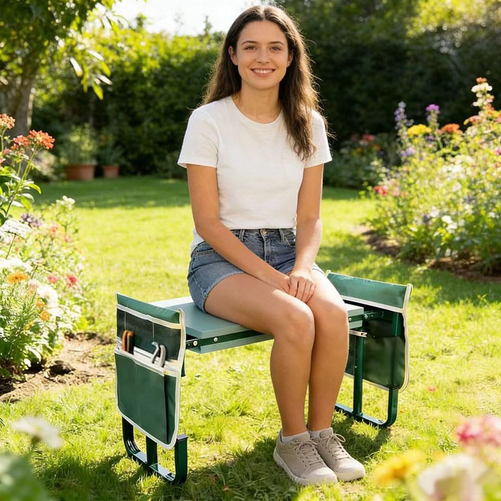 Banc de Jardinage Pliable 2 en 1, 60x52x27cm Tabouret Agenouilloir de Jardin, Tabourets de Jardinage, Repose Genoux Jardin, avec Pochette de Rangement avec Coussin Doux en EVA (Vert)
