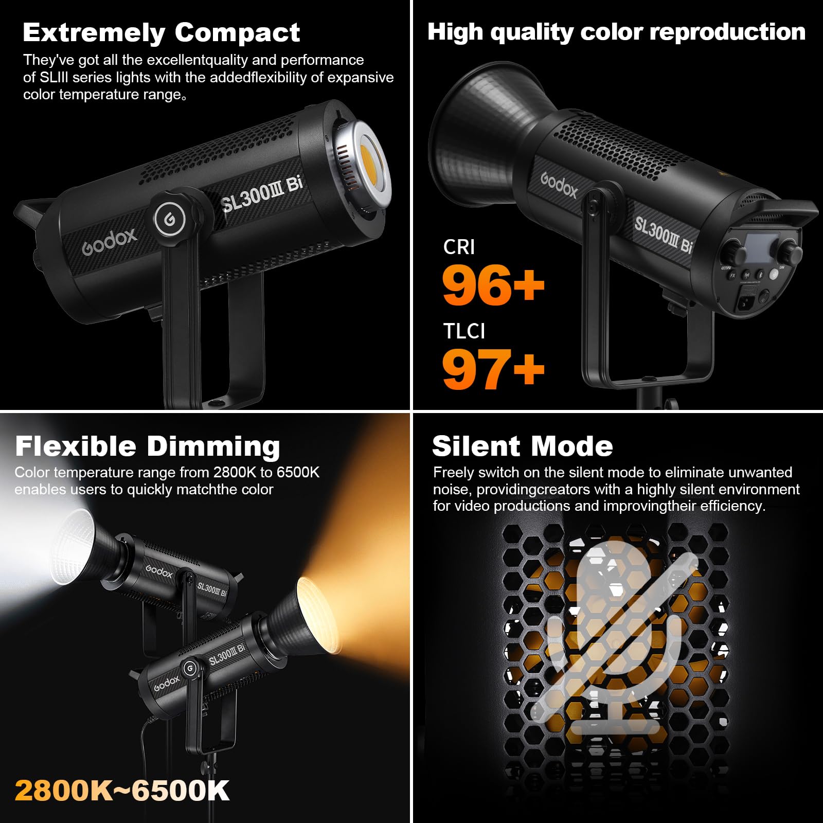 Godox SL300 Bi-Color LED Video Light, SL300IIIBI 330W 2800-6500K 117.000 Lux CRI/TLCI 97+ COB Monolight Bowens Mount Illuminazione continua dell'uscita per la produzione di film TV di fotografia di