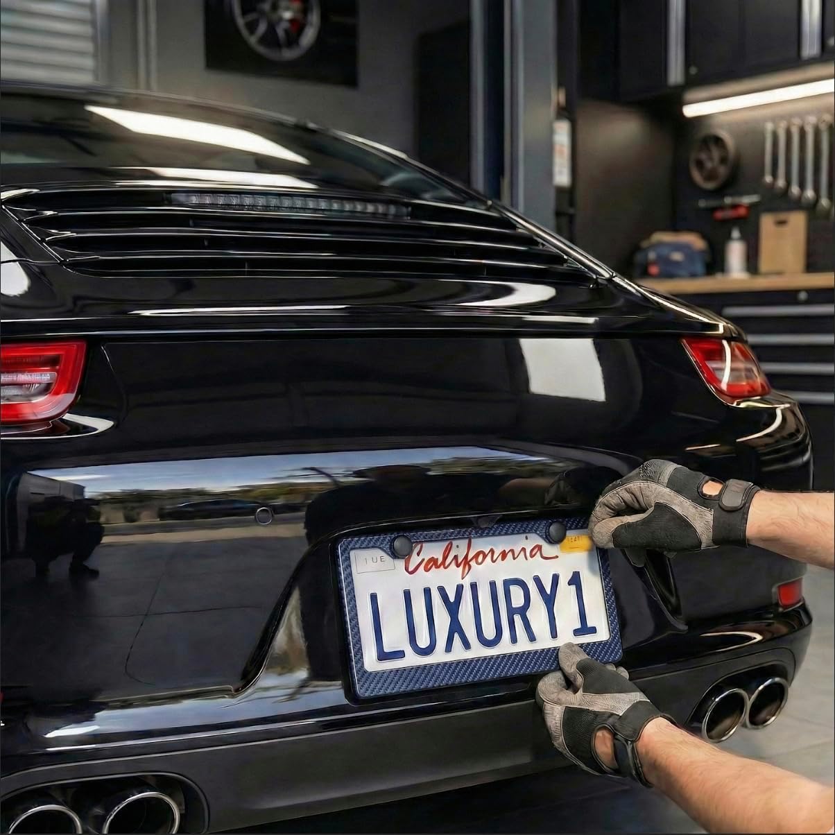 100% Real 3k Twill Weave Carbon Fiber Car License Plate Frame, UV Protection, Front Rear Universal Fit USA Canada Mexico Standard Size tag Holder (Blue)