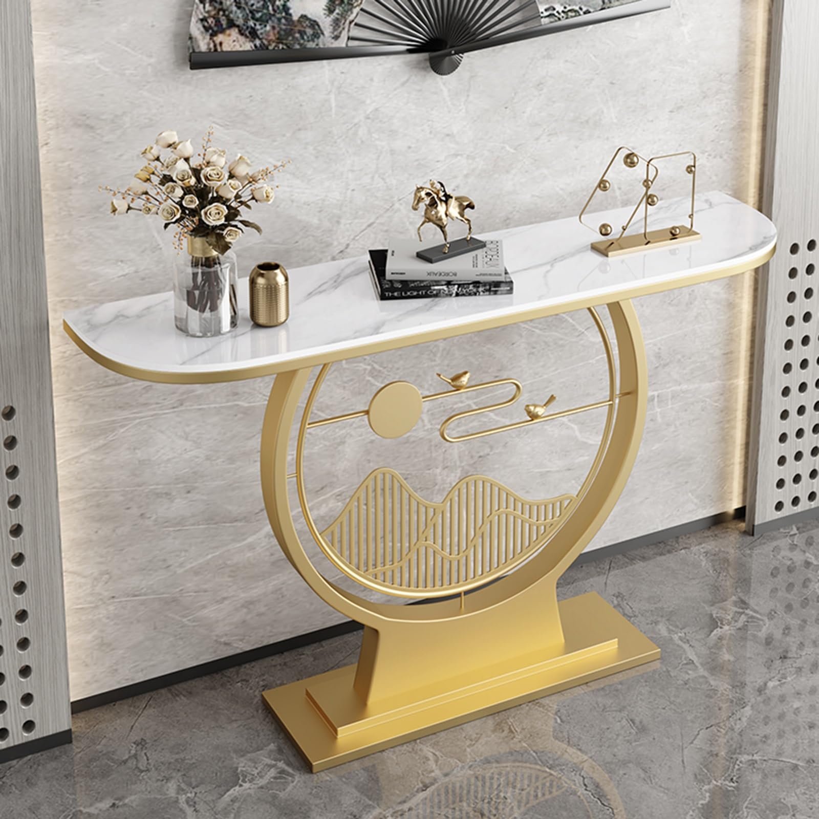 Mesa de acento delgada de diseño metálico con tablero resistente de piedra