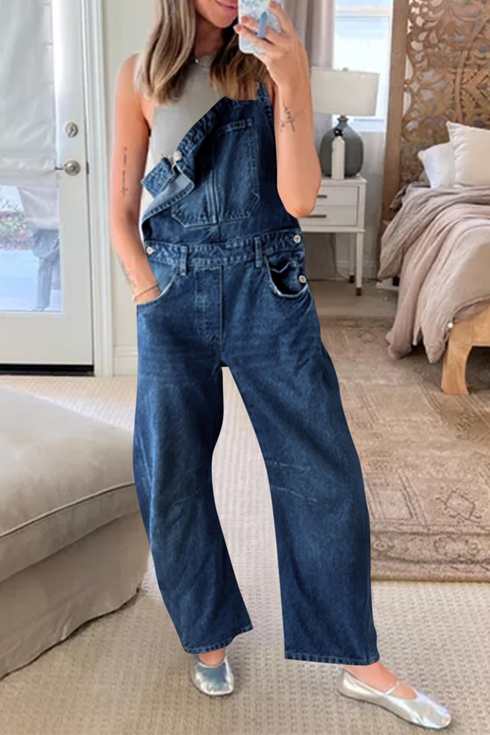 PLNOTME Salopette en jean pour femme avec bretelles réglables et poches
