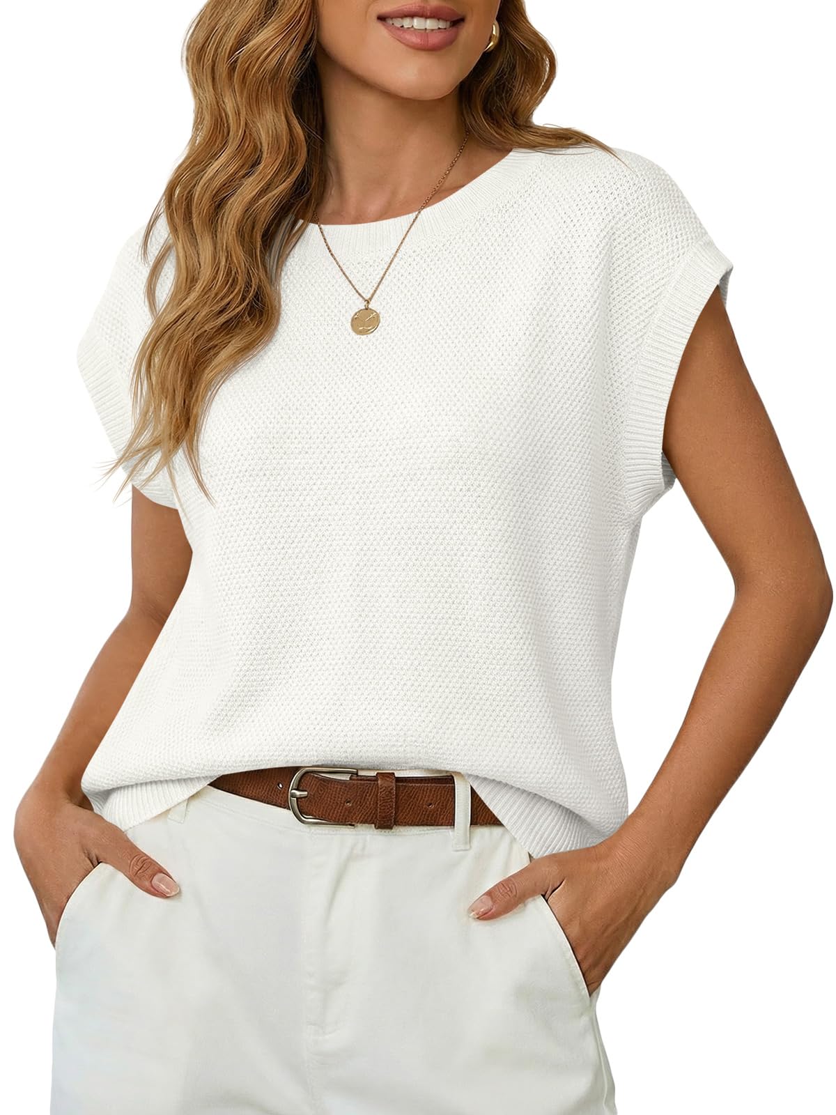 Saodimallsu Womens Short Sleeve Sweater Tops Summer Crewneck Lightweight Knit Casual Loose Sleeveless Sweater Vest