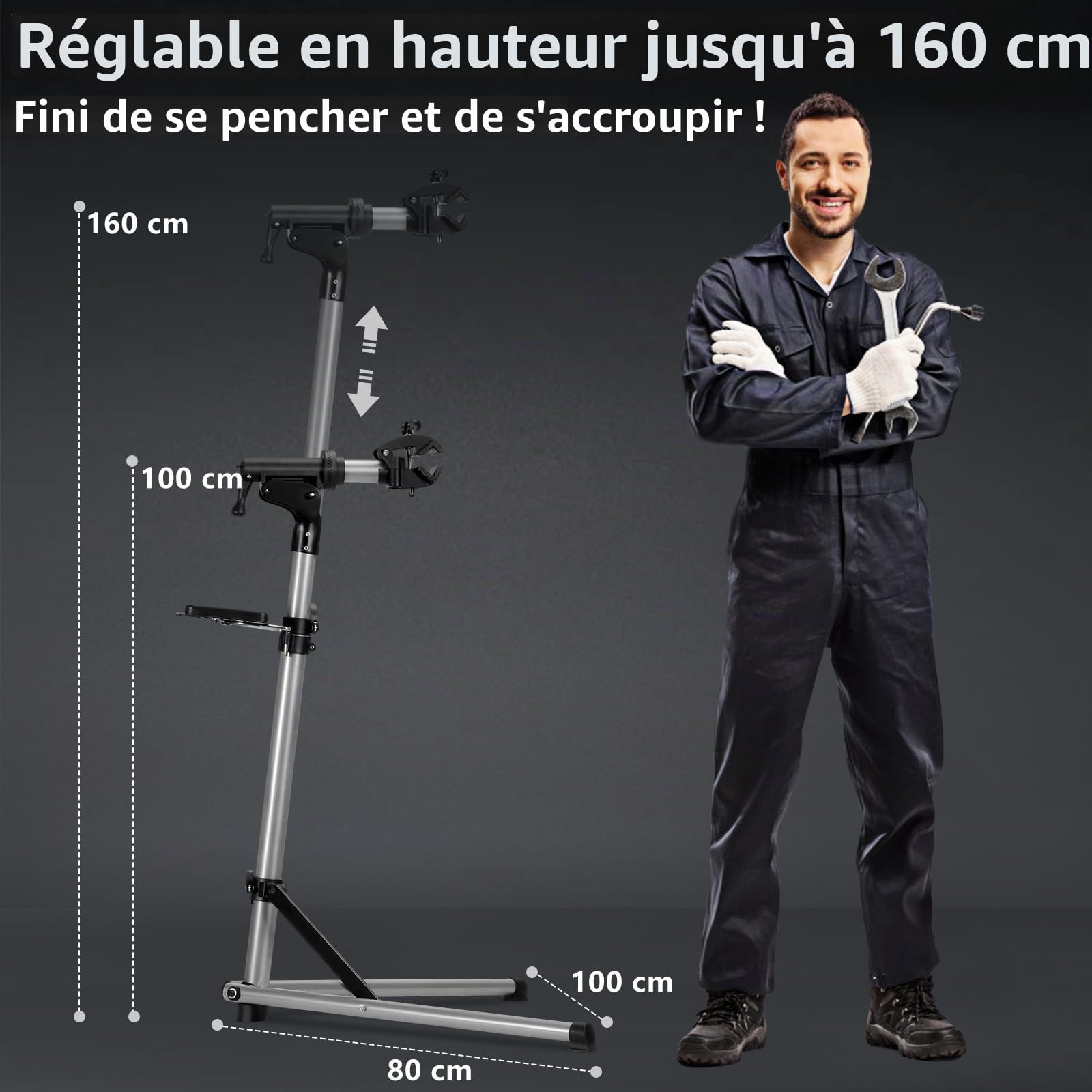 Urban Deco Support de réparation de vélo en aluminium pour l'entretien, capacité de 30,8 kg, réglable en hauteur, pince rotative à 360°, plateau à outils inclus, argent