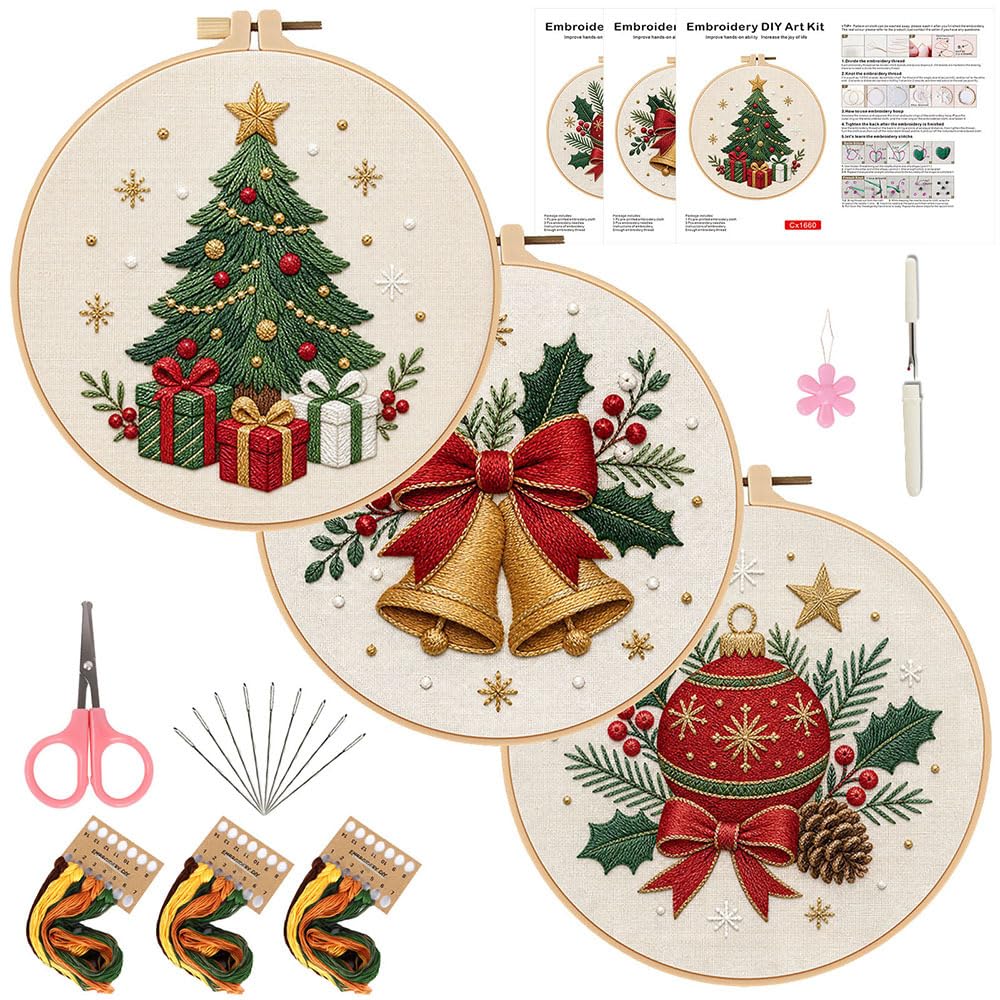 3-Pack Christmas Embroidery Kit,DIY Needlepoint Supplies Set for Adults