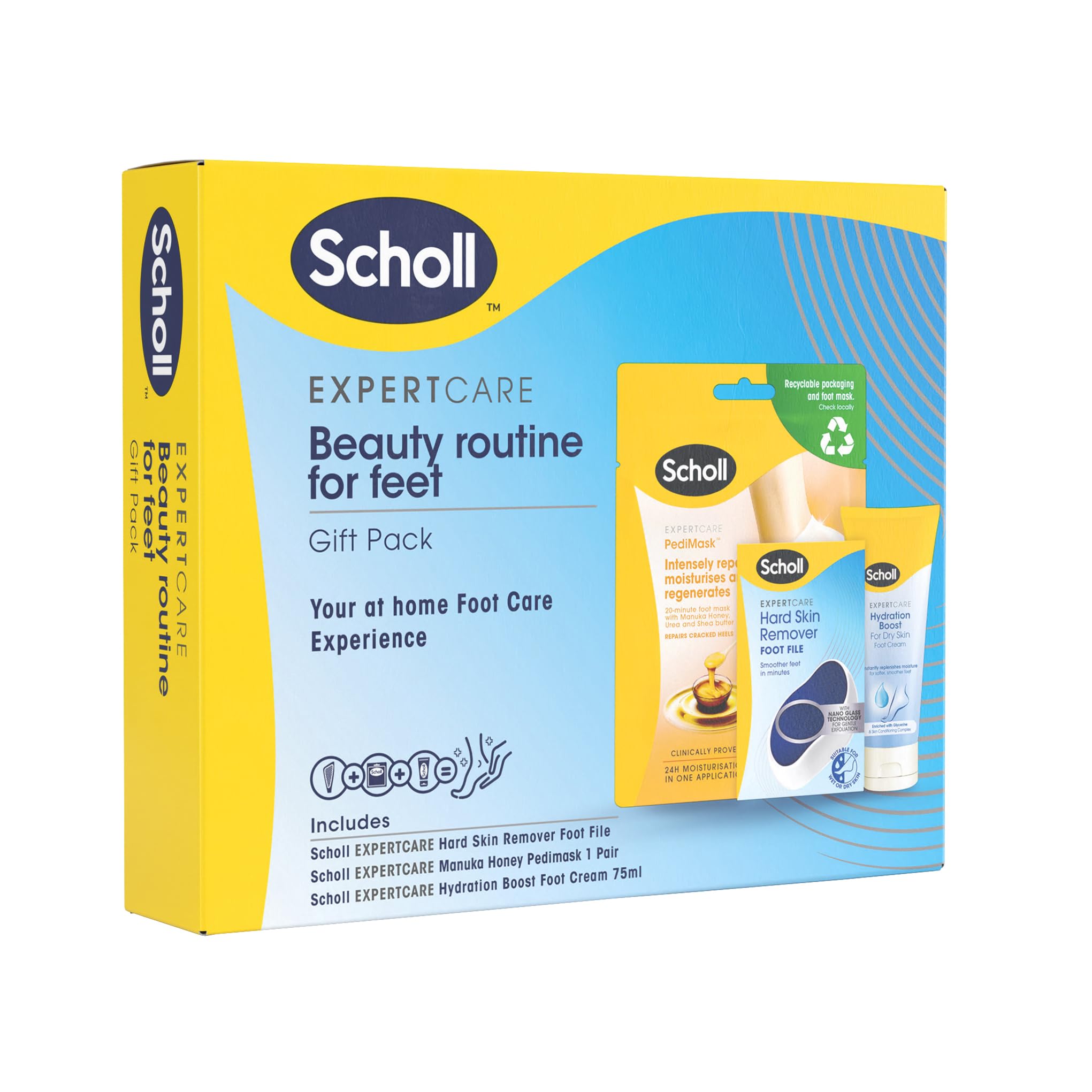 Scholl Beauty Routine Bundle - Manuka Honey Foot Mask Socks - ExpertCare Foot File for Hard Skin & ExpertCare Hydration Boost Daily Moisturiser Foot Cream 75ml, Pedicure Sets for Feet, Gifts for Women