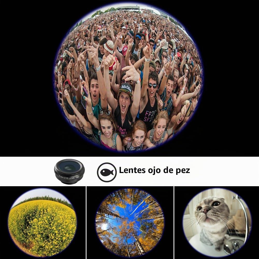 Apexel 18x Kit de Lentes telefoto (Lente Ancha 0.63x y Lente Macro 15x, Ojo de pez a 198 °, trípode Flexible para iPhone y Samsung) Black