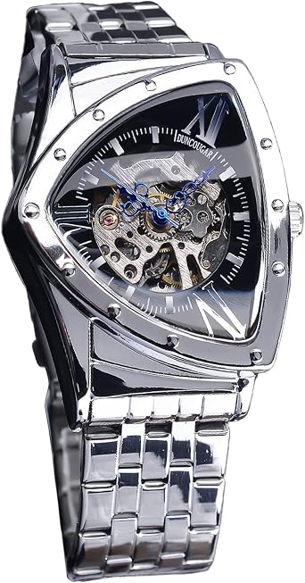FORSINING Triangle Skeleton Mens Automatic Mechanical Wrist Watch Luxury Gold Black Stainless Steel Waterproof Luminous Sports Watch, Round Silver Black