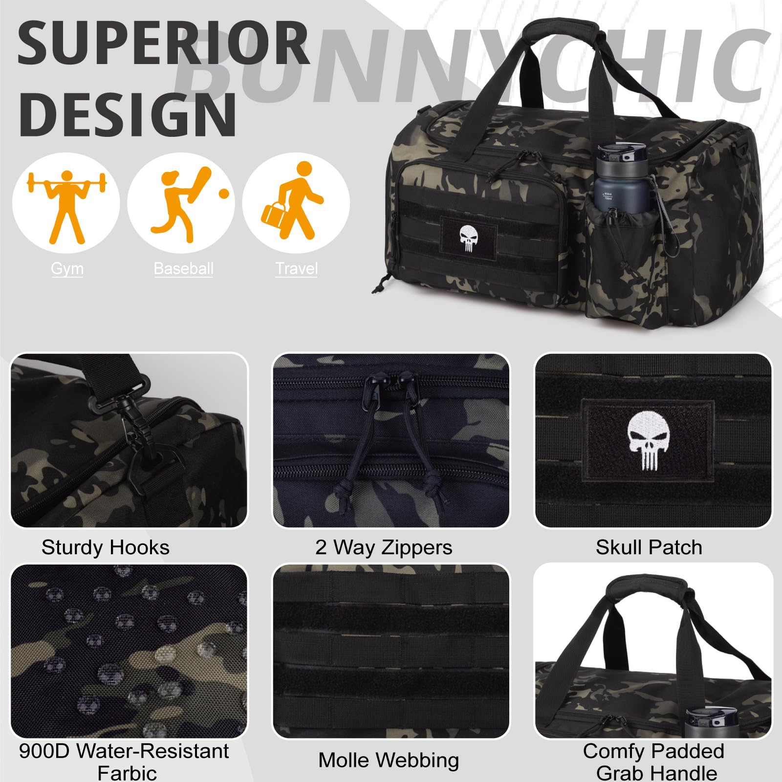 Sac de Sport Tactique 60L pour Homme – Grand Sac Multifonction avec Compartiment à Chaussures et Poche Humide, idéal pour Le Sport, Les Voyages, Le Camping et la randonnée.