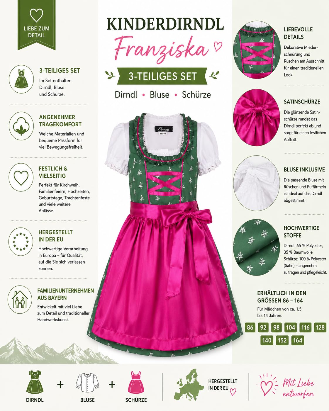 Ramona Lippert® - Dziecięca sukienka Dirndl dla dziewczynek - dirndl Franziska w kolorze ciemnozielonym z kwiatowym wzorem - 3-częściowa sukienka ludowa - moda ludowa - strój ludowy z fartuchem