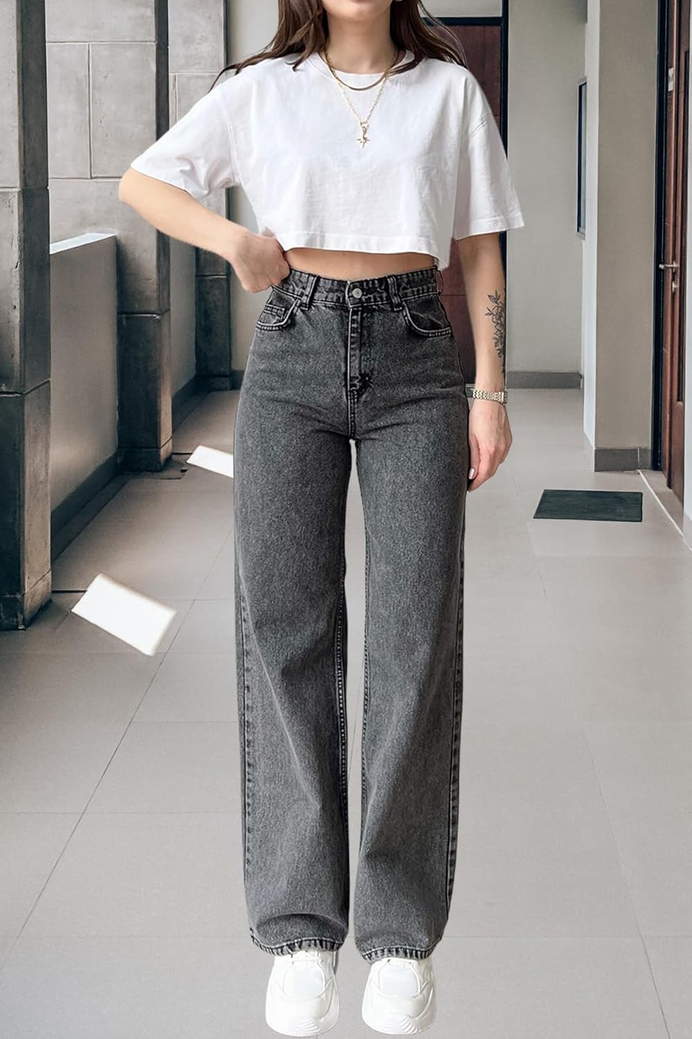 Women's Wide Leg Straight Jeans High Waist Stretchy Boyfriend Classic Denim Pants - Image 7