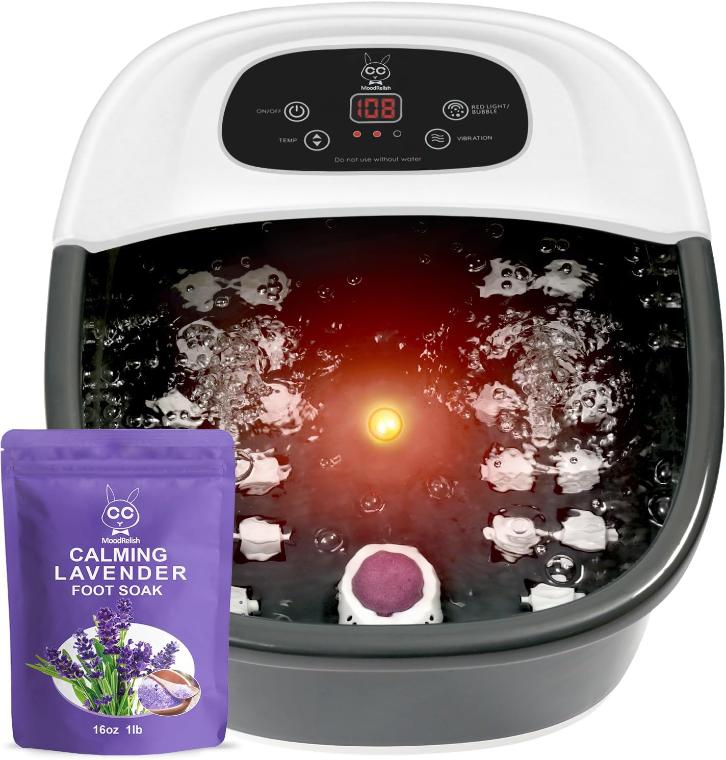 Foot Spa Bath Massager with Heat Bubbles and Vibration Massage and Jets, 16 OZ Calming Lavender Foot Soak Epsom Salt, MoodRelish Foot Soaker with Red Light, 22 Massage Rollers, Adjustable Temp - Black