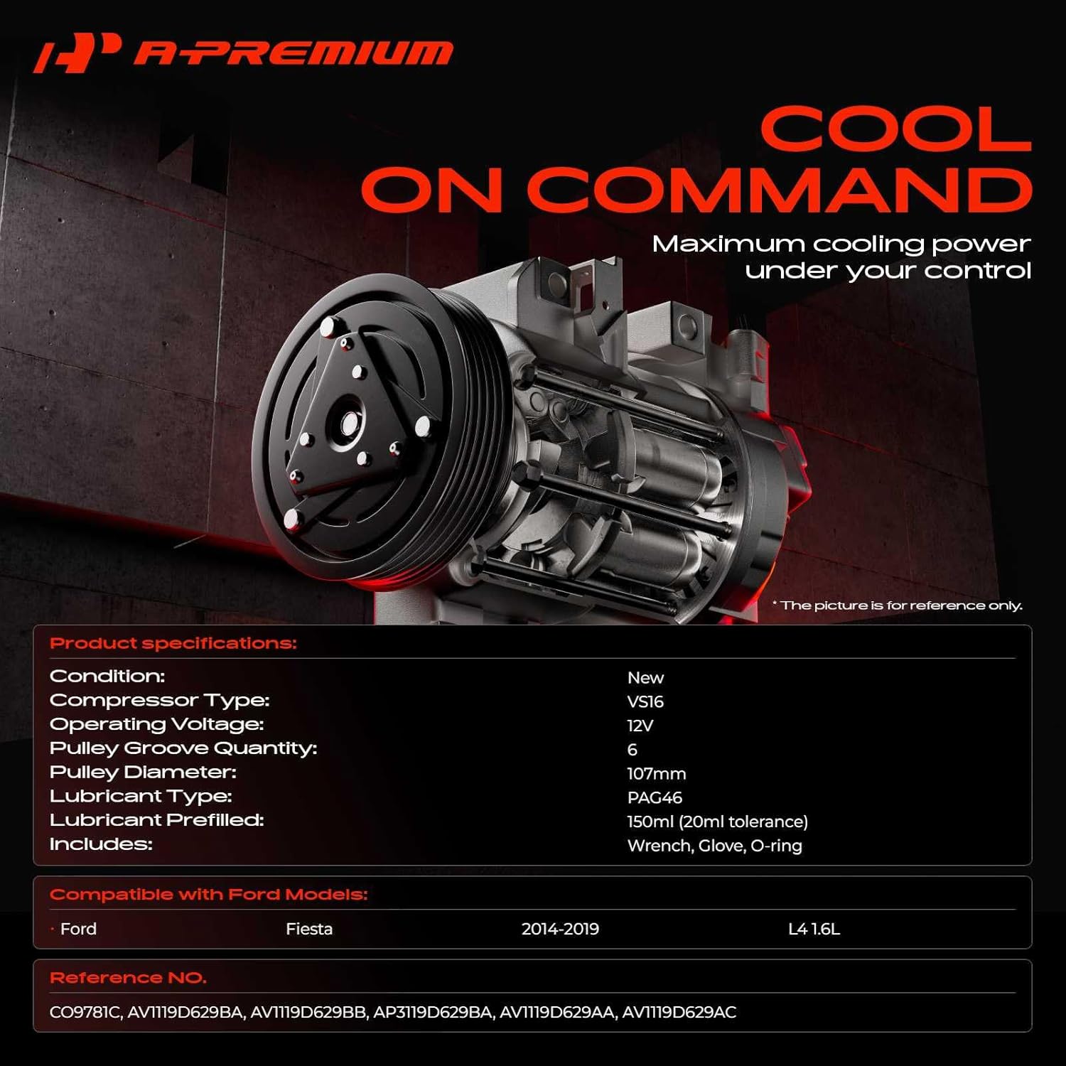 A-Premium Air Conditioner AC Compressor with Clutch Compatible with Ford Fiesta 1.6L 2014-2019