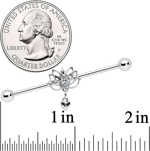 Vista 2 de Body Candy Aretes de acero para mujer, 14G 316L, para cartílago, flor de loto, corazón colgante, barra industrial de 1 12 pulgadas, Acero inoxidable
