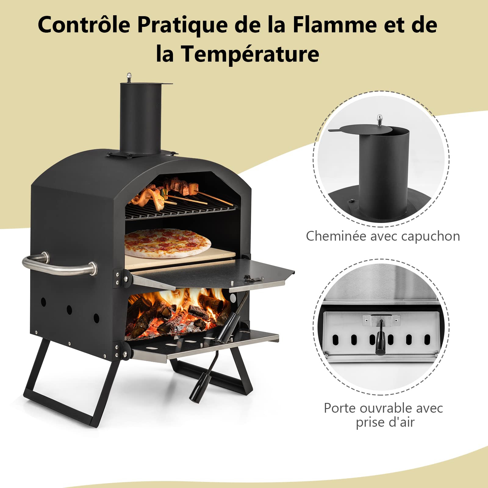 GYMAX Four à Pizza Extérieur Mini au Bois avec Pierre à Pizza, Pelle à Pizza, Jambes Pliantes et Poignées Portables