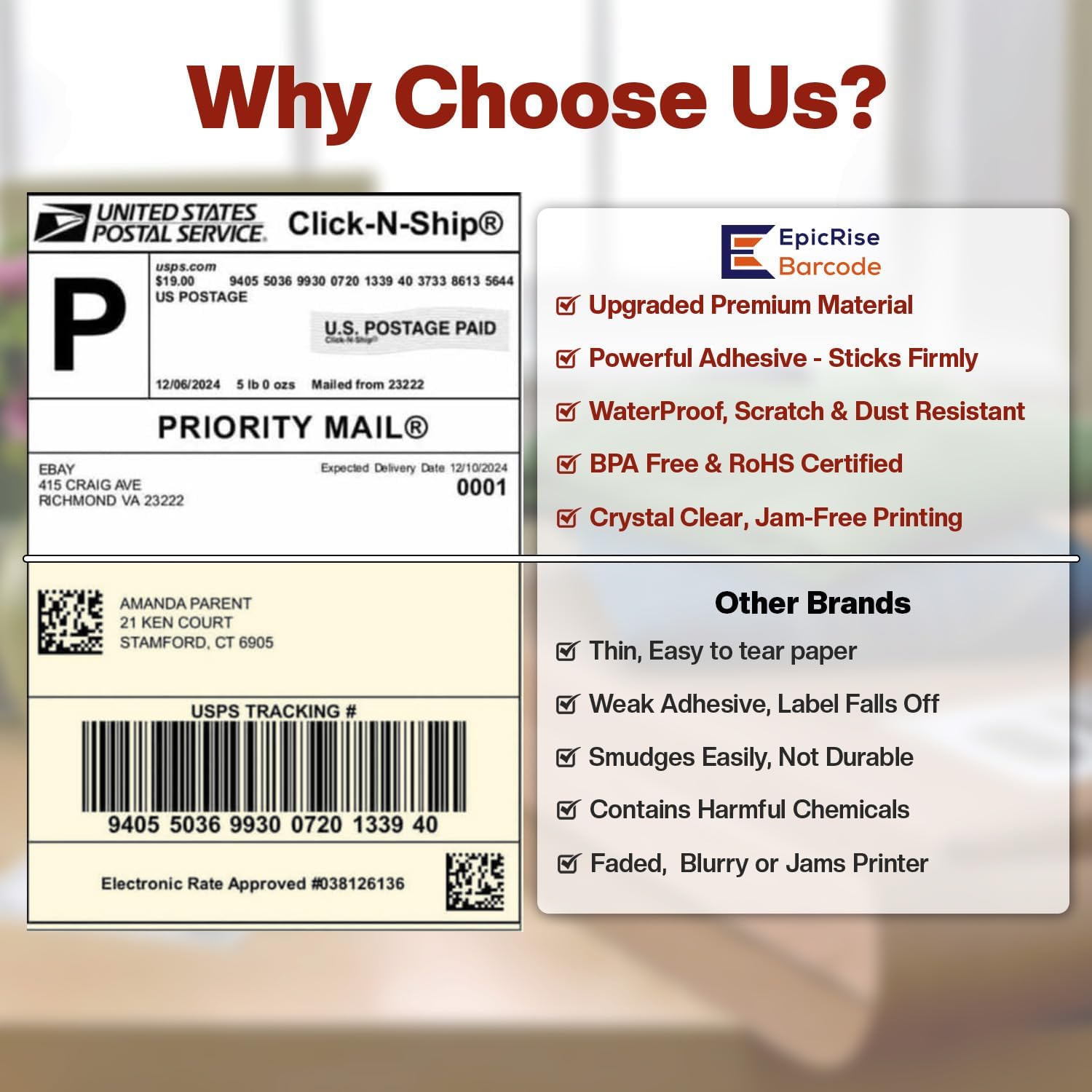 4"x6" Direct Thermal Shipping Labels, White Perforated & Strong Adhesive Direct Thermal Labels, Waterproof and Scratch-Resistant, Compatible with DYMO 4XL and Zebra, NOT Fit 5XL(10 Rolls, 2200 Labels)