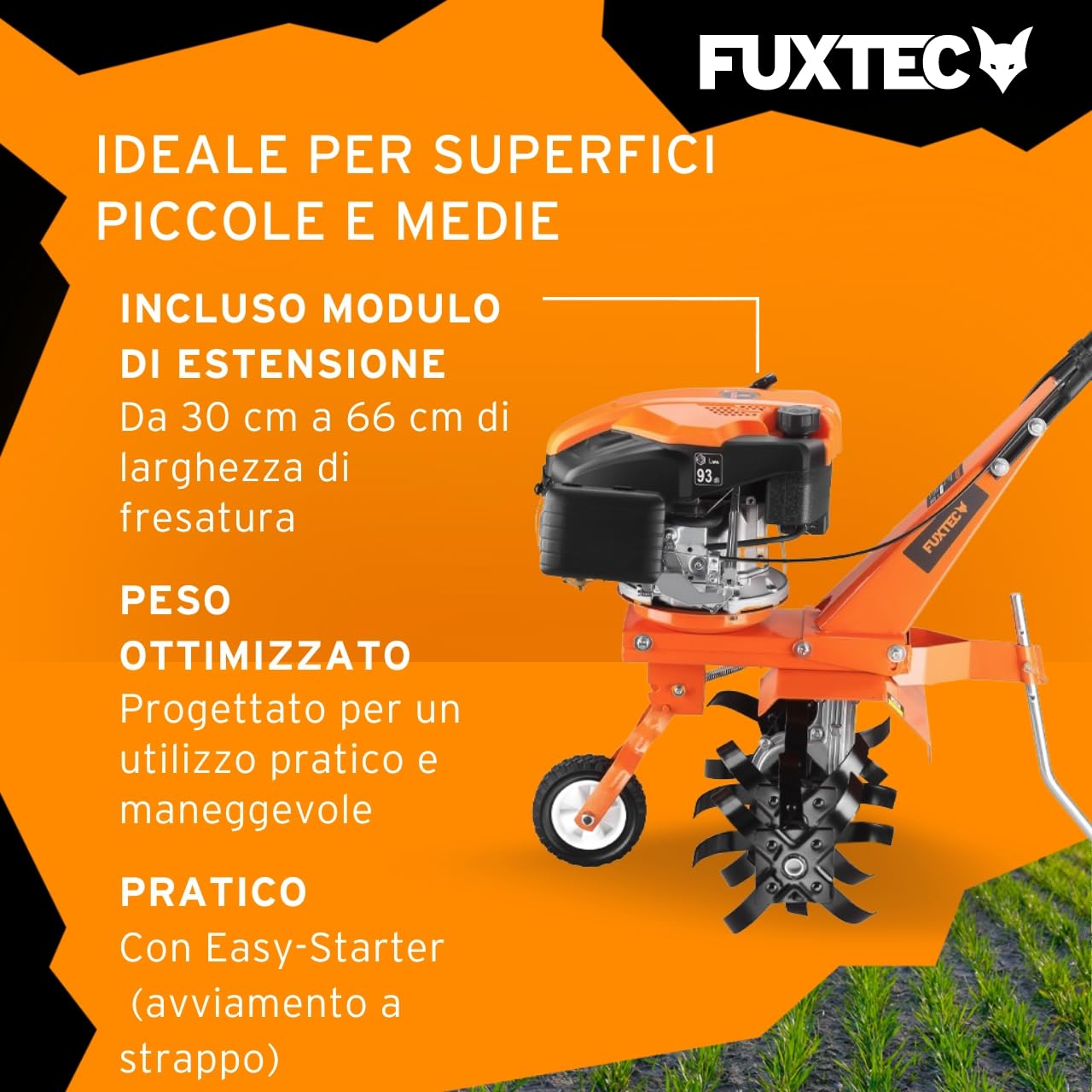 Fuxtec Motozappa a scoppio FX-AF1139 Set motocoltivatore a benzina 4 tempi 139cc 2,2kW con estensione della larghezza di lavoro da 36 a 66cm Coltivatore profondità regolabile fino a 30cm