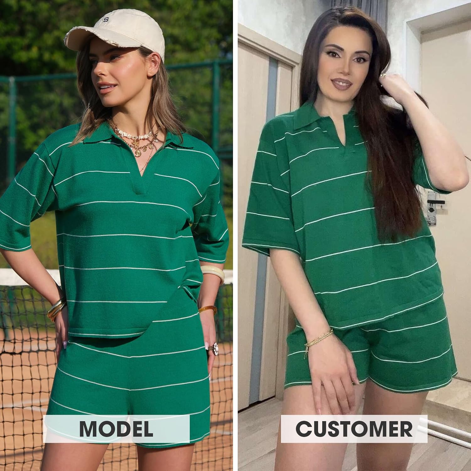 EXLURA Women Summer 2 Piece Outfits Faux Cashmere Sweater Knit Oversized Polo V Neck Top Matching Shorts Vacation Lounge Sets
