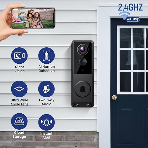 Miniatura 2 de Timbre de video inalámbrico Wi-Fi con cámara dual con visión nocturna a color, audio bidireccional, detección de movimiento AI y almacenamiento en