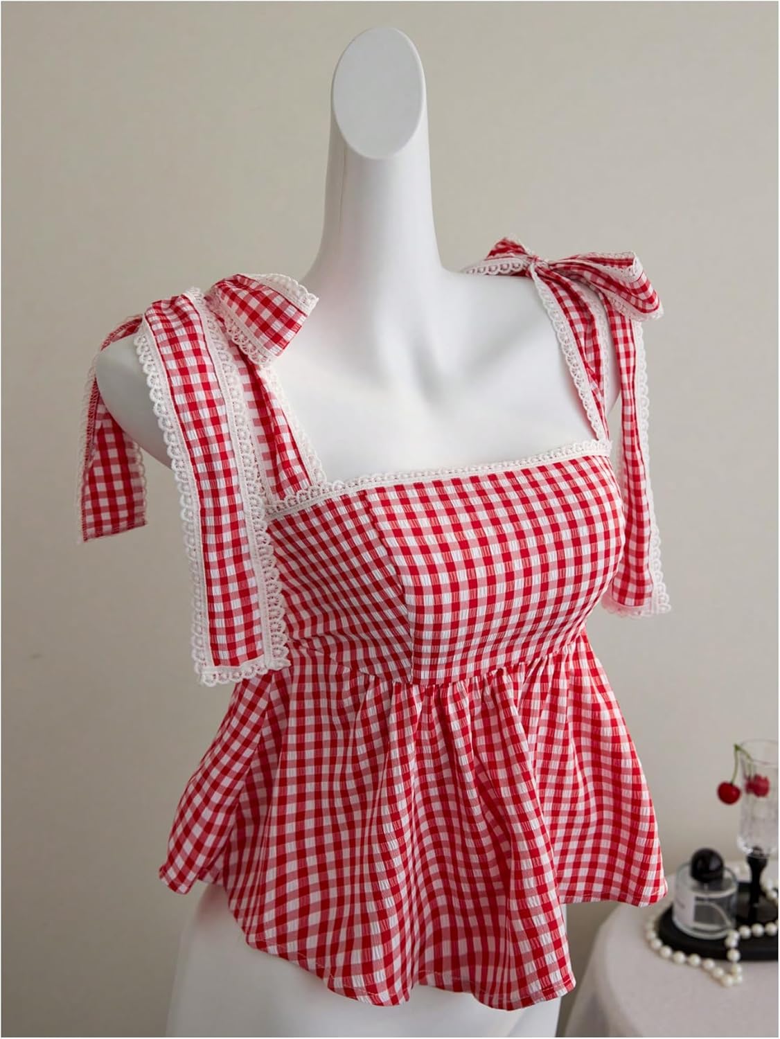 Milumia Women's Y2k Plaid Lace Trim Peplum Tank Top Square Neck Sleeveless Bow Tie Shoulder Tops Red and White Small - Image 3