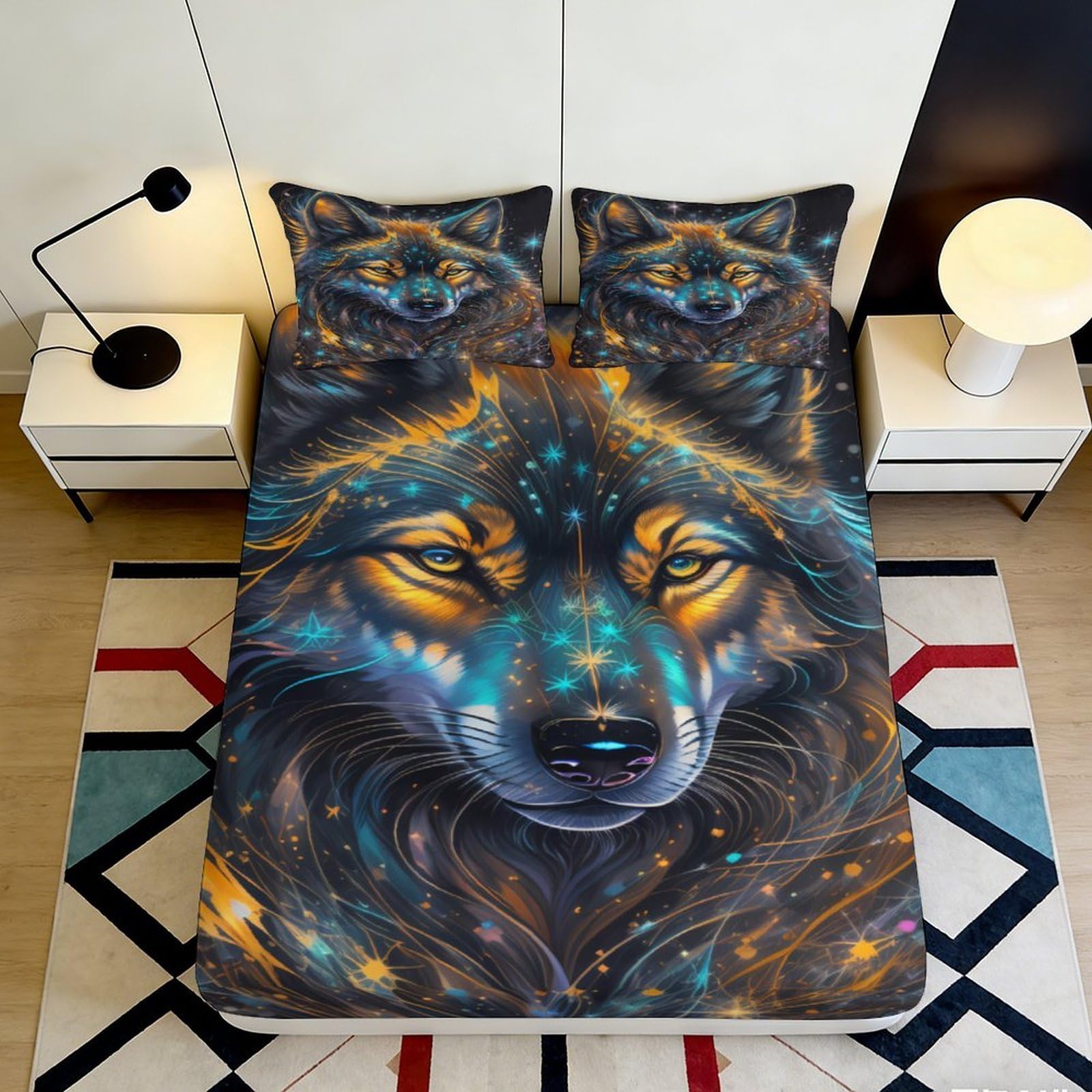 3D Printed Wolf Galaxy Fitted Sheet Microfiber Soft Breathable Cosmic Nebula Bed Cover for Bedroom Dorm Guest Room Decor 90x200x25cm