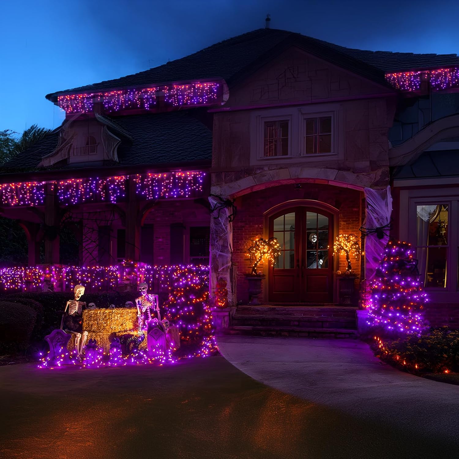 HAILI XMGQ 105 FT 300 LED Halloween Lights Outdoor, Plug in 8 Mode String Lights for Halloween, Tree, Party, Patio, House Decoration (Purple Orange)