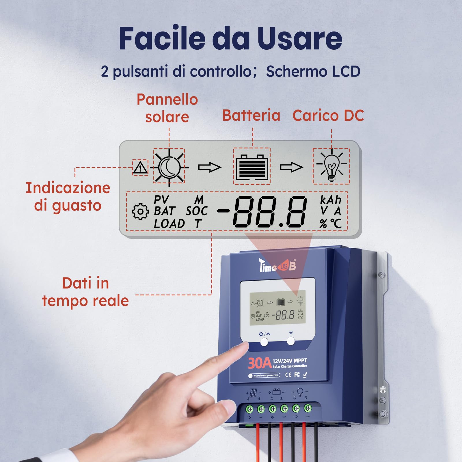Timeusb 12/24V 30A MPPT Regolatore di Carica Solare,Riconoscimento Automatico,Tasso di Inseguimento Effettivo del 99%, Regolatore di Carica con Schermo LCD per Batterie al Litio e al Piombo-Acido