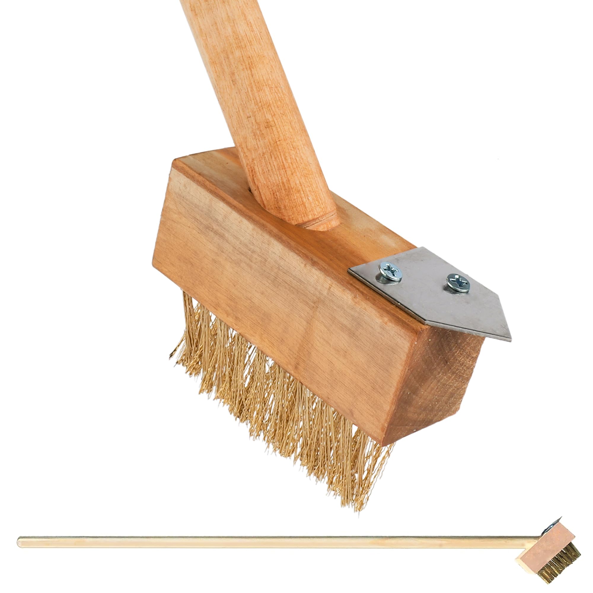 Patio Weed Brush 120cm - Long Wooden Handle, Hand Removal Tool, Cleaning Patios, V shaped Brass Wire Brush, Garden Weed Remover, Decking, Paving Slab, Edge Scraper