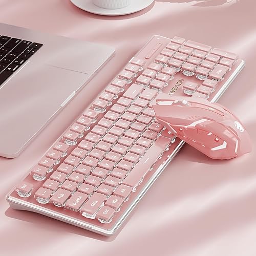 SEUNKWANG V3 Wireless Keyboard and Mouse with Single Backlit, Metal Panel, Bluetooth/2.4G Rechargeable Computer Keyboard and Mouse Combo Silent Lighted Full Size Cute Keyboards-Pink - Pink