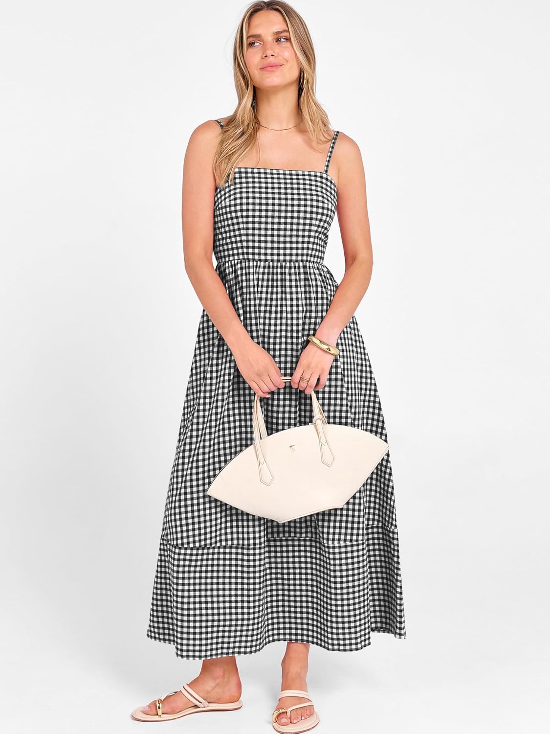 Caracilia Womens Maxi Dresses Gingham Spaghetti Strap Back Smocked Flowy Long Sundress Summer Beach Vacation Clothes 2026 - Image 6