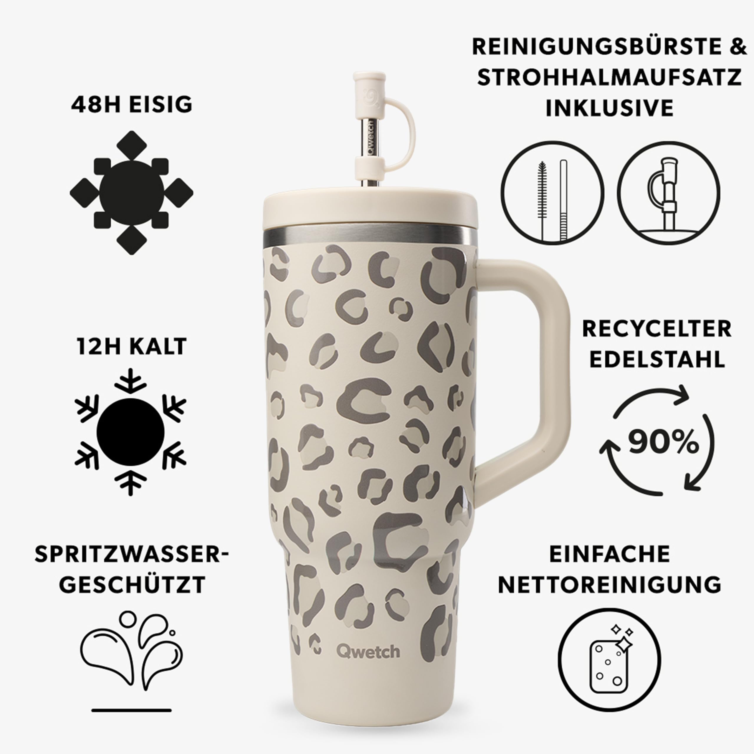 QWETCH Travel Cup – Thermobecher 900ml mit Strohhalm & Henkel – 48h Eisgekühlt / 12h Kalt – Isolierbecher aus recyceltem Edelstahl – Auslaufsicherer Schraubdeckel – Quencher Style – Sandleopard Wild