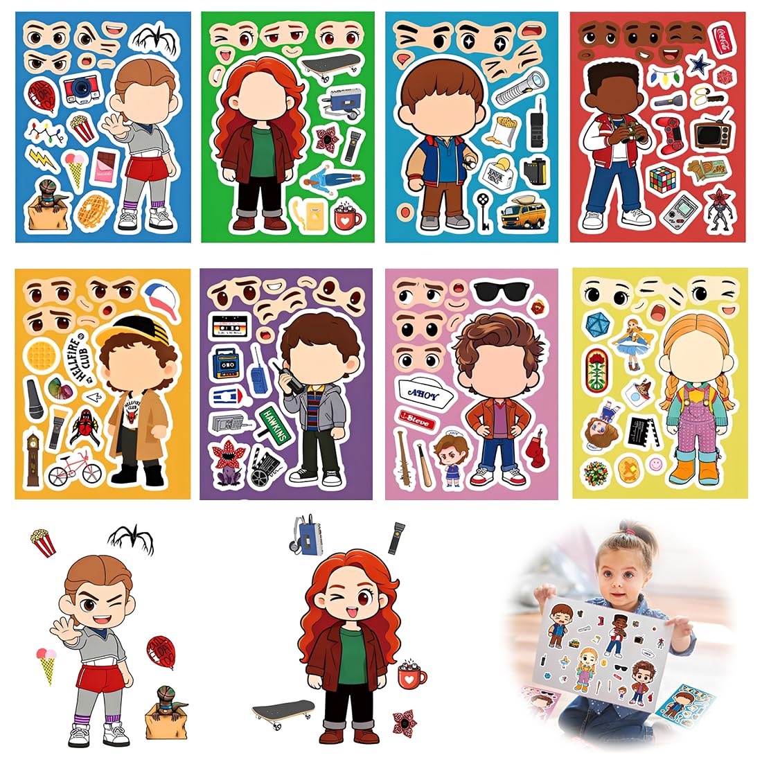 Stickers cara niños Extraño Things, pegatinas DIY cara, mix match ojos boca pelo, 16 hojas stickers creativos para fiesta colegio manualidades y juego