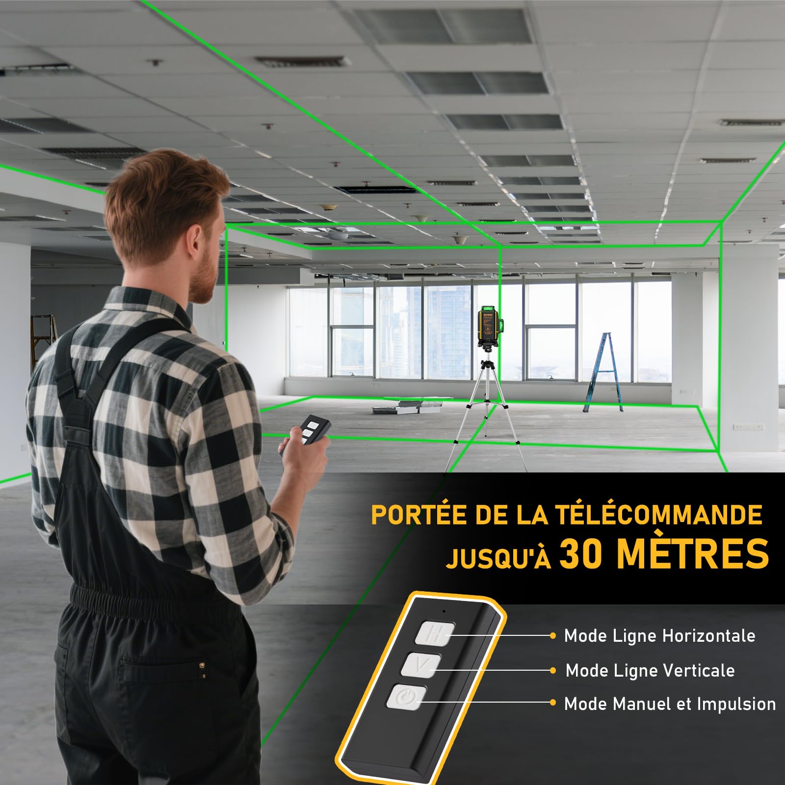 Niveau Laser avec Trepied 360° x 4,ASOBRIS 4D 16 Lignes Laser Chantier Autonivelant,Lazer Niveaux Vert Laser Exterieur,Laser Niveau 2x2400mAh Batterie,Support Rotatif Télécommande Mode Impulsion