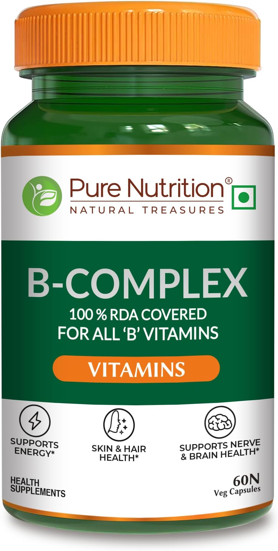 Pure Nutrition B-Complex 60 Veg Tabs – 100% RDA of B1, B2, B3, B5, B6, B9 | Boosts Immunity, Supports Hair Growth, Energy & Overall Health for Men & Women