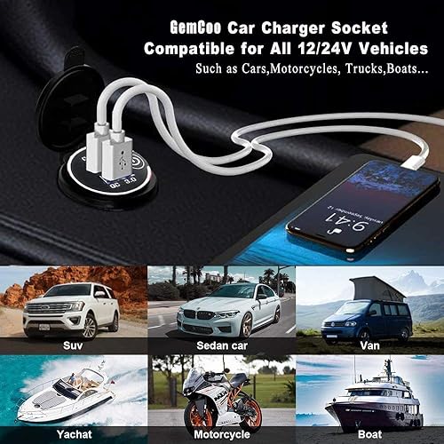 Miniatura 23 de Carga rápida 3.0 Dual USB Cargador de Coche Enchufe con Interruptor Táctil 12V/24V 36W QC3.0 Dual USB Cargador Rápido Toma de corriente para Marina
