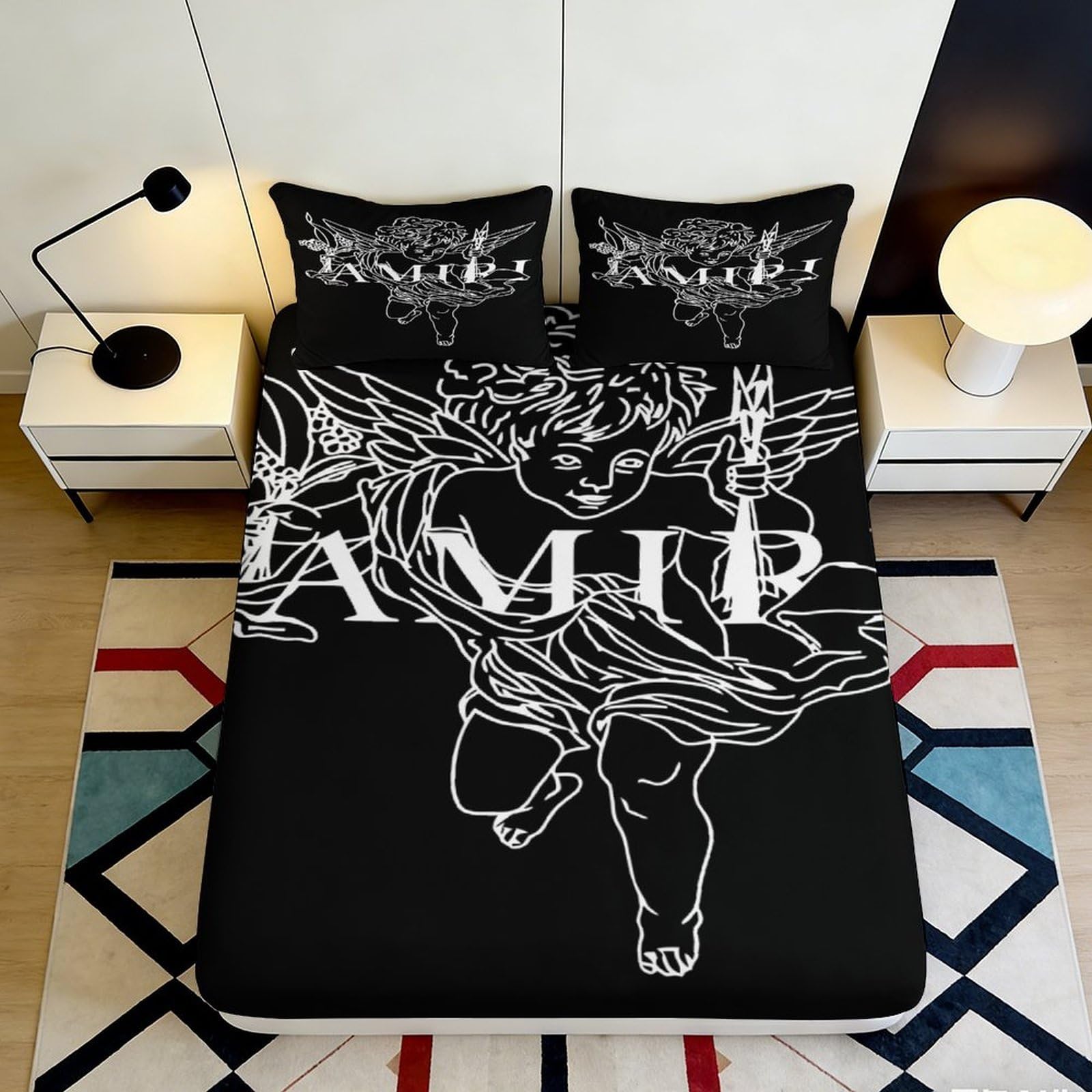 3D Printed Angel Black Fitted Sheet Microfiber Soft Breathable Cherub Bed Cover for Bedroom Dormitory Guest Room Mattress Protection Decor 90x200x25cm