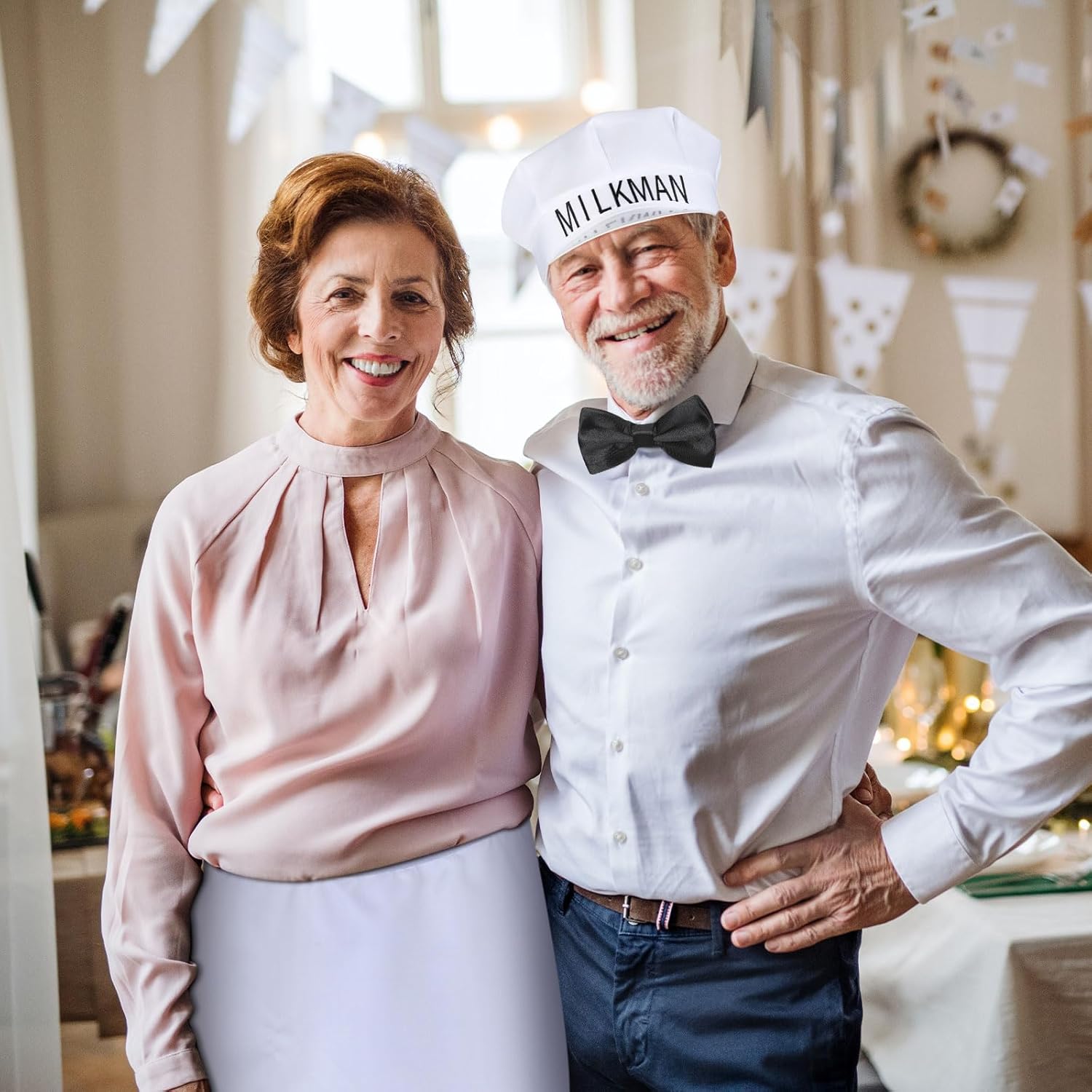 Sintuff 3 Pcs Halloween Milkman Costume Accessories Including Milkman Hat Bow Tie and Waist Apron for Adult Women Men Couple 50s Party Funny Cosplay - Image 4