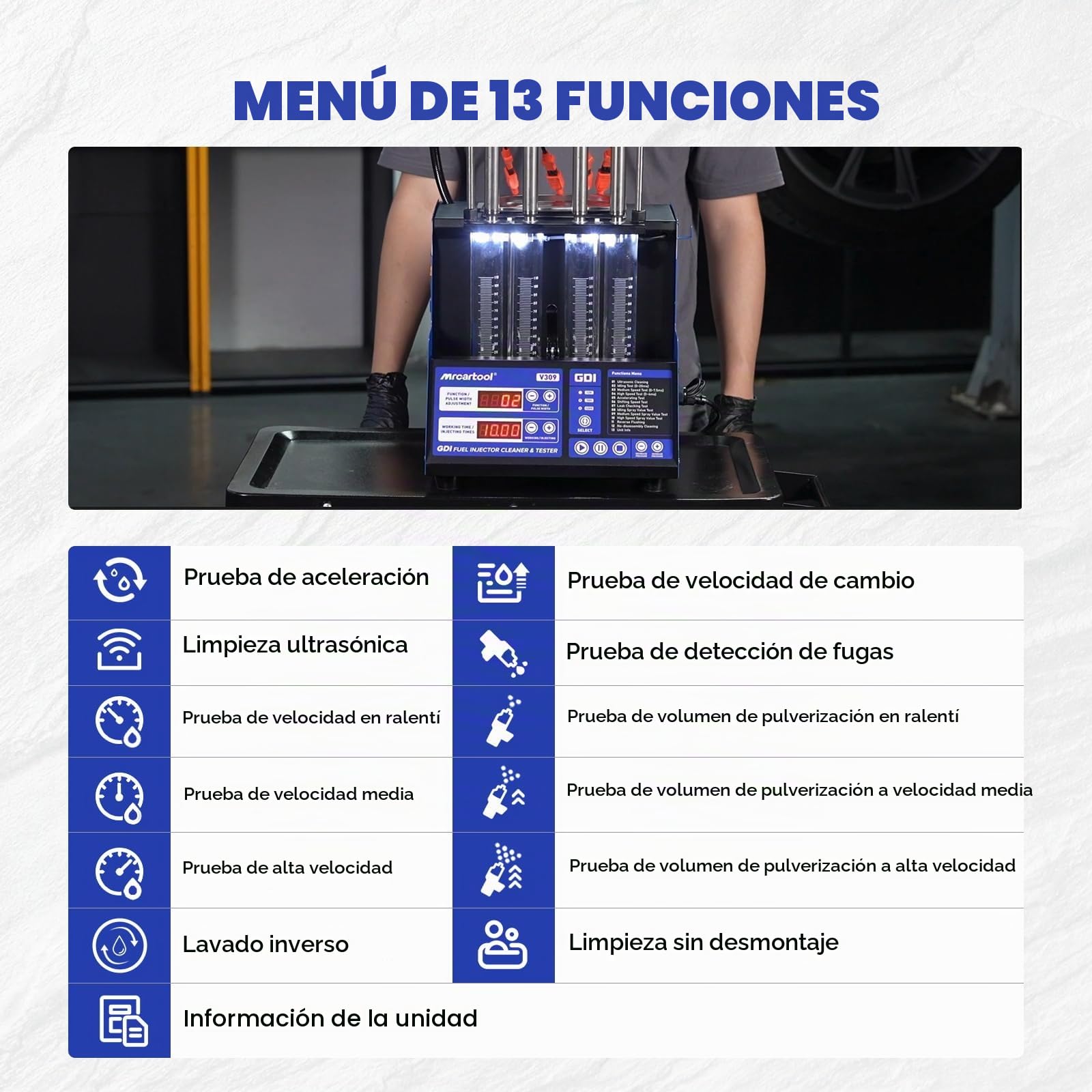 MR CARTOOL V309 Máquina Limpiadora y Probadora de Inyectores Diésel/Gasolina 110V/220V para 4 Cilindros, Equipo Ultrasónico de Limpieza para Inyectores GDI/EFI/FSI de Autos y Motocicletas