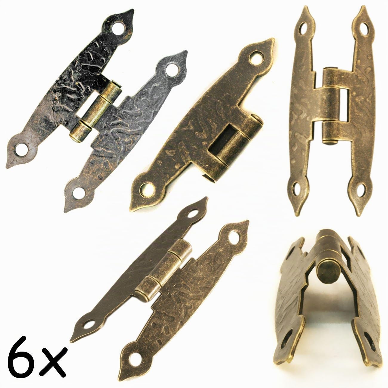 Fuxxer 6 x cerniere anticate, design in ferro e bronzo per armadi, ante, cassettiere, cassette, scatole, in stile vintage, rustico e retrò – 65 X 34 mm, set da 6 pezzi