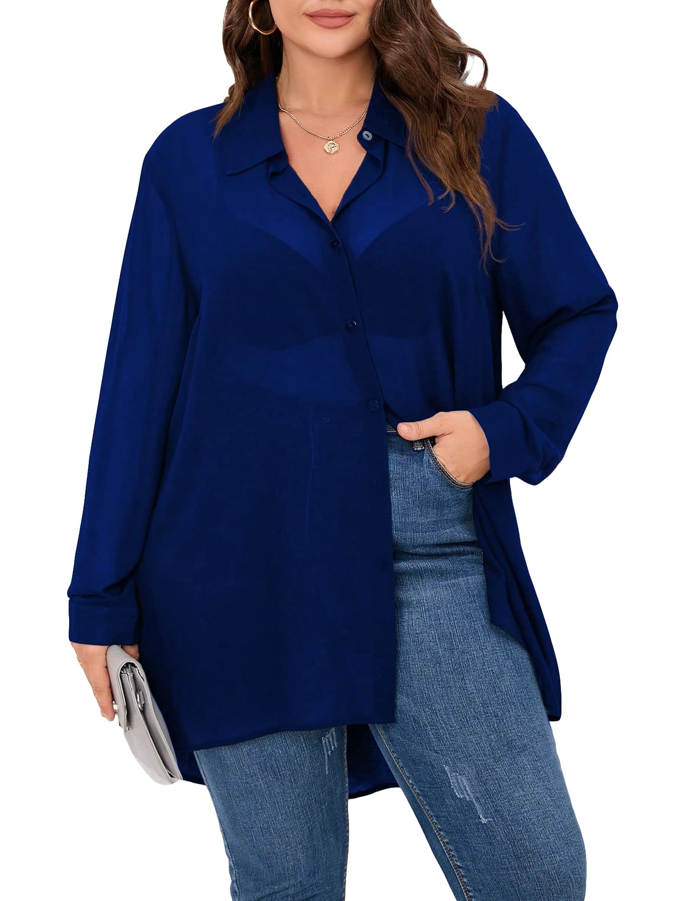 MakeMeChic Women's Plus Size Chiffon Button Down Blouse Long Sleeve High Low Button Up Shirt