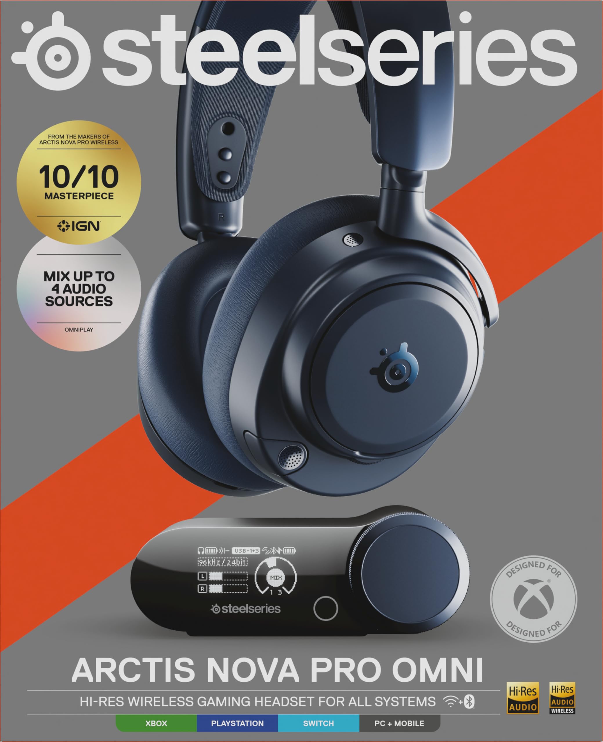SteelSeries Arctis Nova Pro Omni – Bezprzewodowy dźwięk Hi‑Res, 96kHz/24bit, ANC, mikrofon ClearCast Pro, redukcja szumów AI, aplikacja mobilna, Mix 2,4GHz + BT, OmniPlay PC+PS5+Xbox – Midnight Blue