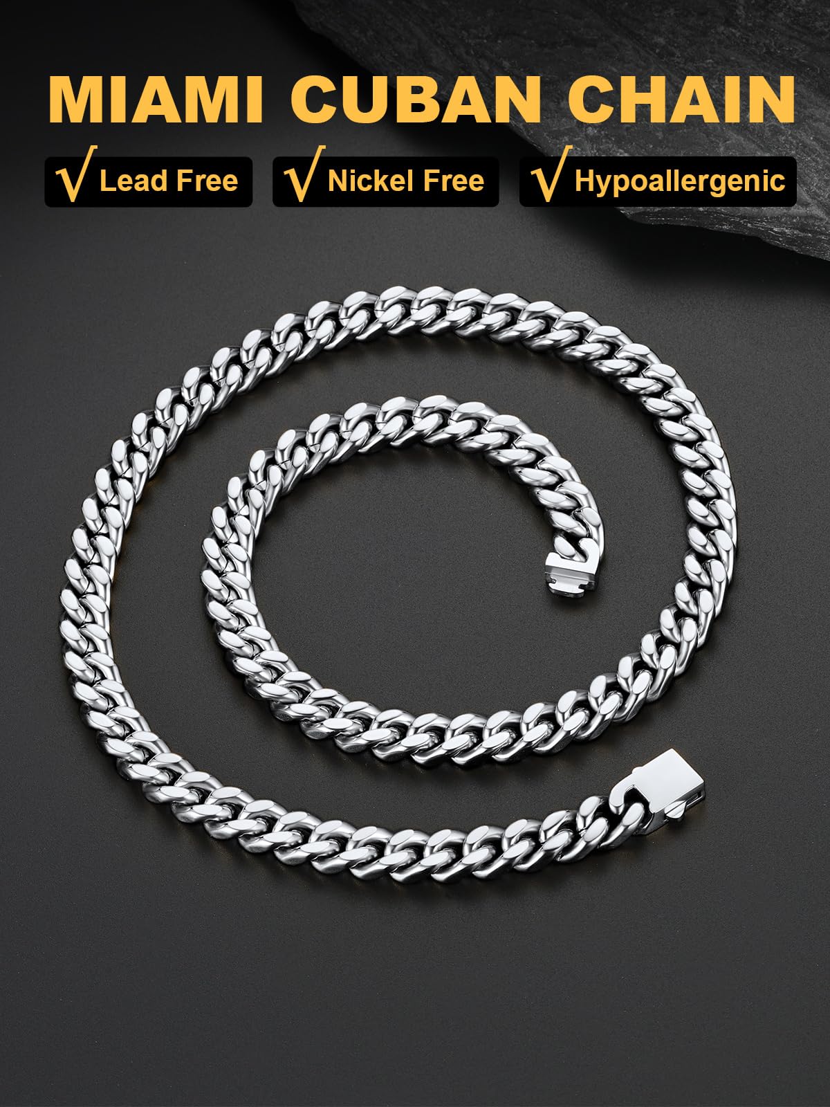 U7 Collar de Cadena Cubana Miami Curb 5/7/9/12mm Collar Cubana Hombre Cadena Eslabones Acero Inoxidable Plateado/Dorado/Negro Cadena Cubana Hombre Hip Hop Longitud 46-76cm