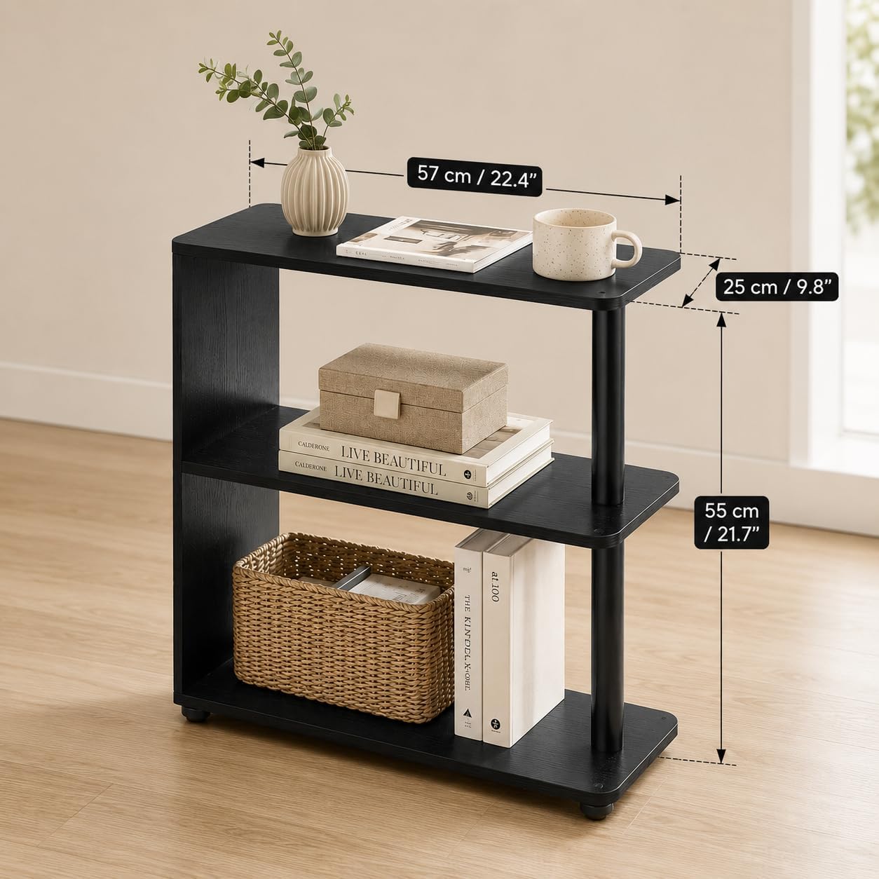 3-Tier Narrow End Table, Industrial Slim Side Table, Black