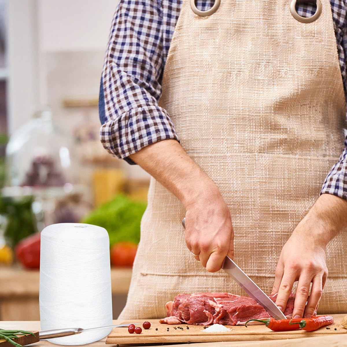 TOPBATHY 1 Rouleau de Ficelle en Coton Blanc 1mm pour Emballage de Viande et Saucisson, Corde Alimentaire pour Bricolage Cuisine Familiale