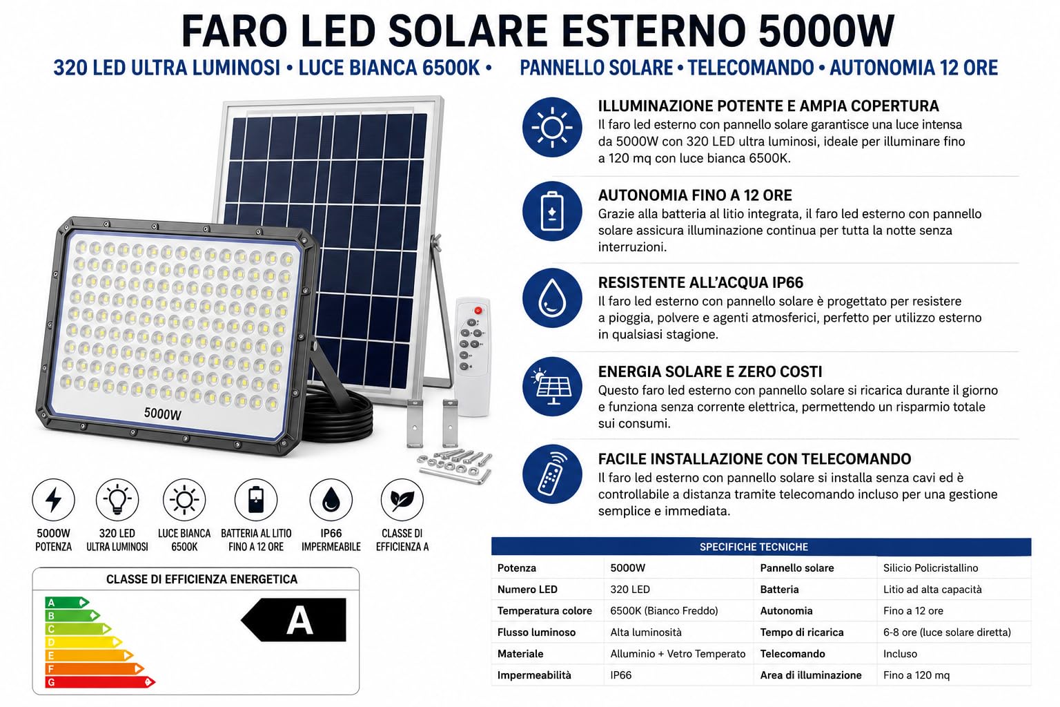 Faro Solare LED Esterno 5000W, 320 LED ad Alta Luminosità, IP66 Impermeabile, Luce Bianca Fredda 6500K, Telecomando, Autonomia fino a 12 Ore, Illuminazione per Giardino, Garage, Cortile e Terrazzo