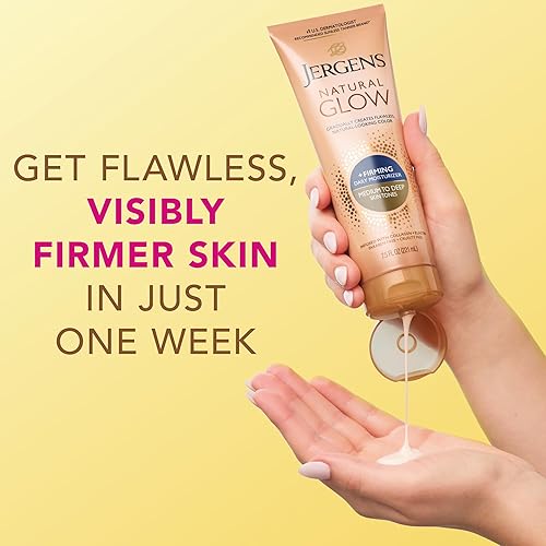 Miniatura 6 de Jergens Glow natural  reafirmante Tanner Tanner sin sol para tono de piel mediano a profundo Loción corporal de reafirmación contra celulitis para