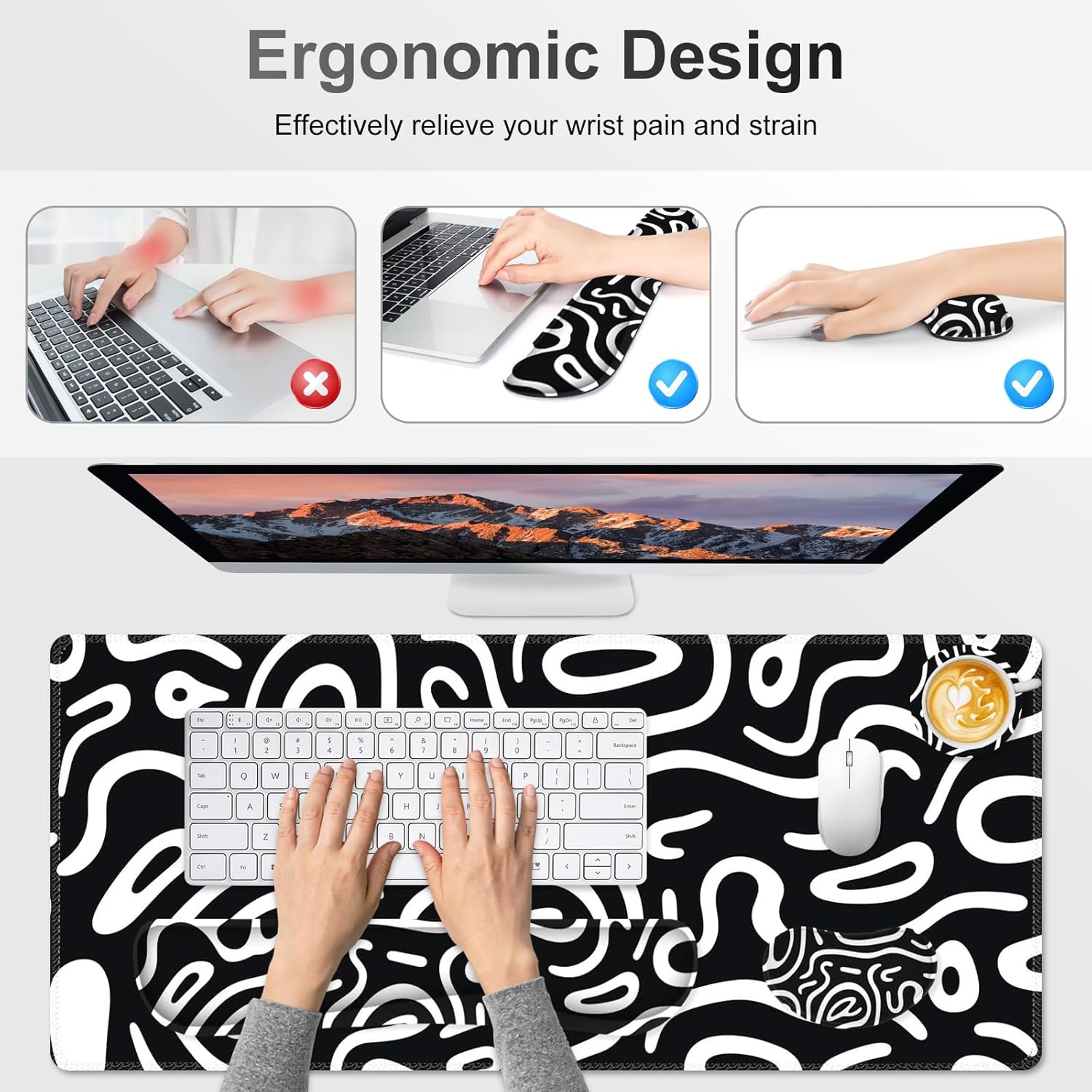 Large Gaming Mouse Pad Set, 4 in 1 Extended Keyboard Desk Mat with Wrist Rest, Computer Game Mousepad, Non-Slip Desk Pad Easy Typing Pain Relief for Home Office I Black White Topographic