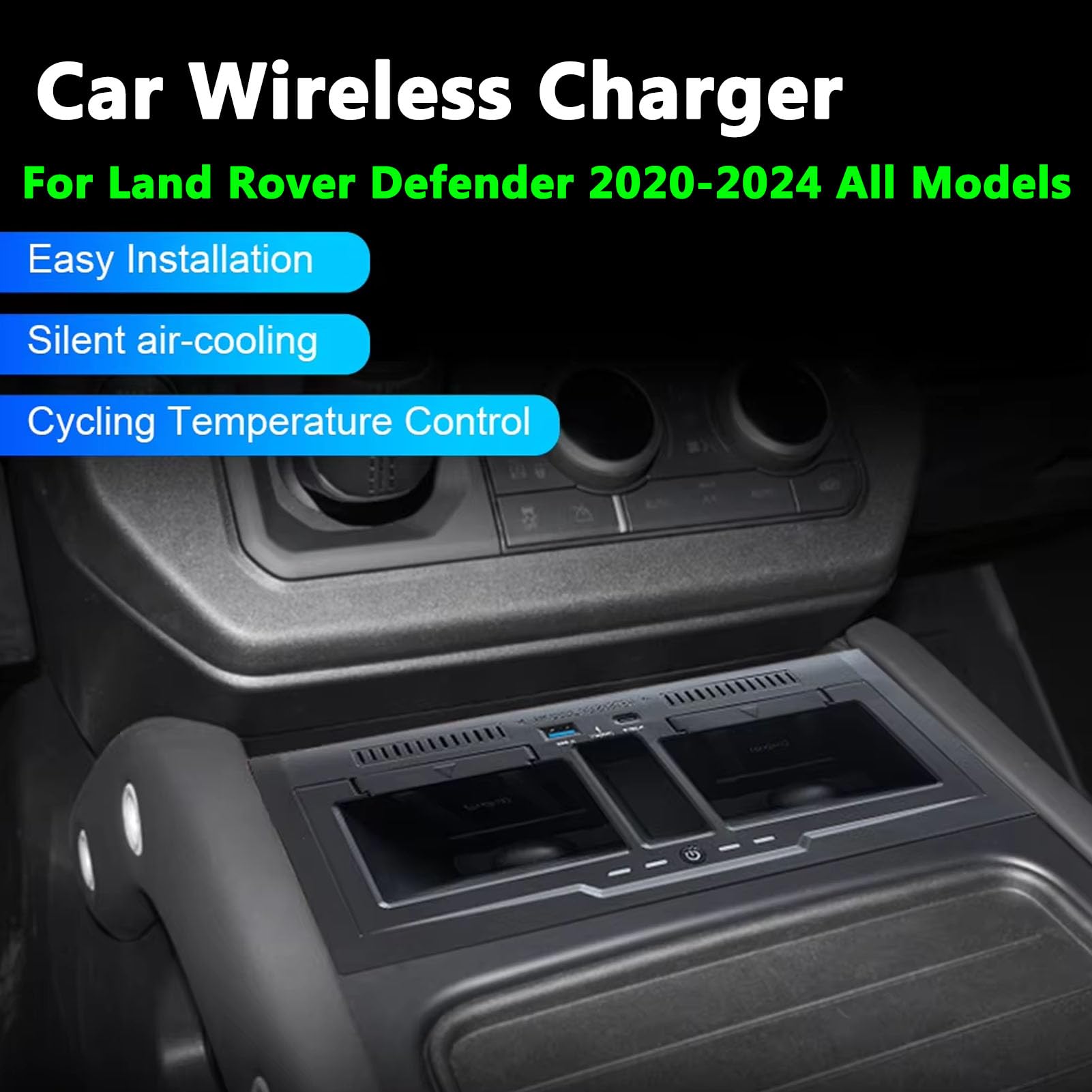 Ładowarka Samochodowa Bezprzewodowa do Land Rover Defender 2020-2025 Wszystkie Modele, Podwójna Płytka Szybkiego ładowania 15W Konsolą środkową Pudełko na Akcesoria do i-Phone Sam-sung