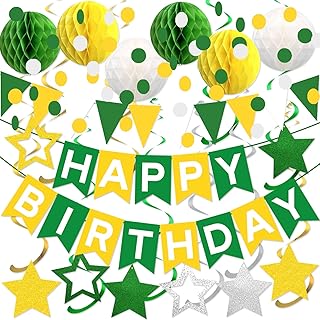 Yellow Green White Birthday Party Decorations - Happy Birthday Banner, Honeycomb Ball, Star Swirls, Circle Dot Garland, Triangle Flags for Master Theme Party Decorations