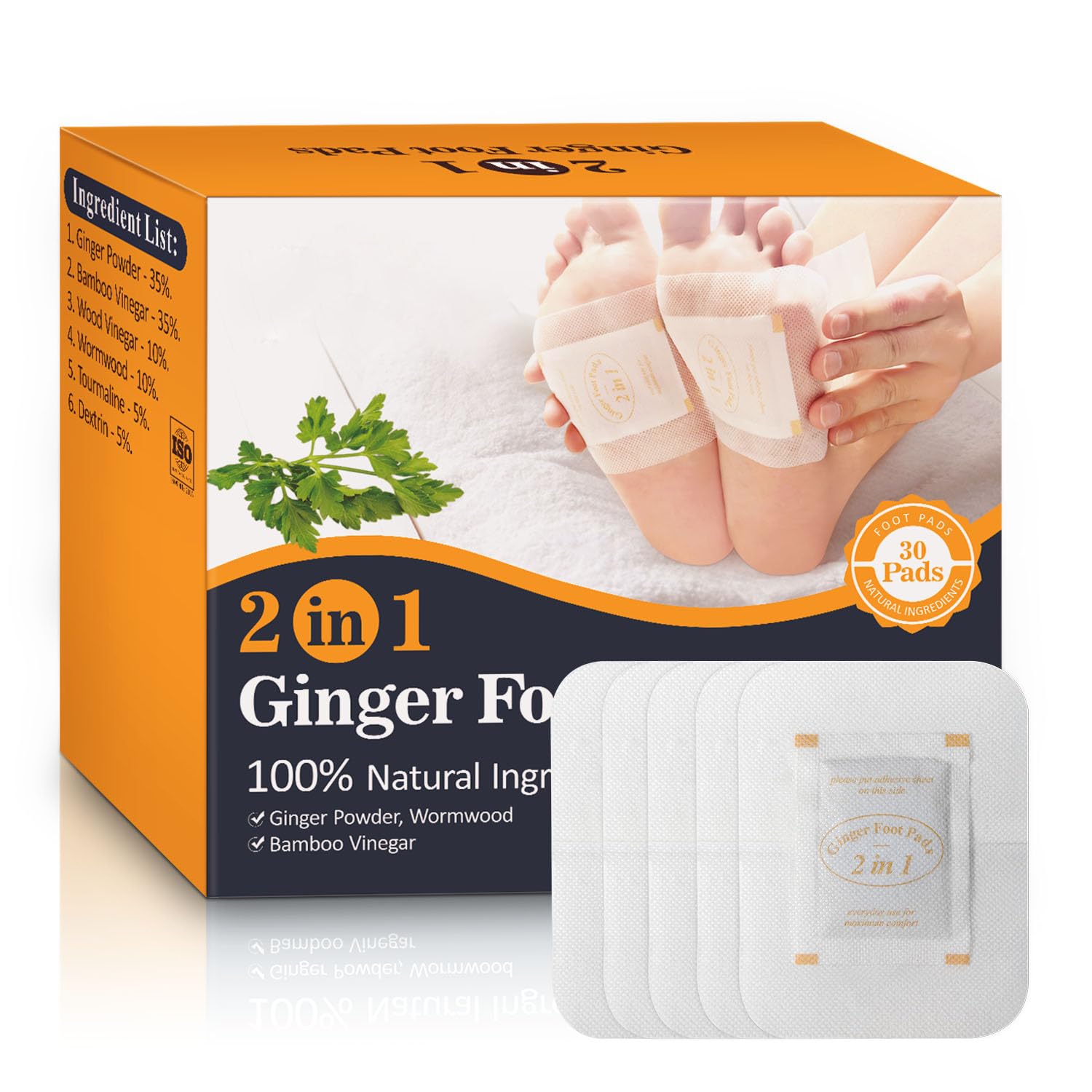 Niifawh 2 in 1 Foot Pads, Tear and Use Ginger Wormwood with Pure Natural Ginger Powder Bamboo Vinegar Wormwood, Bigger Adhesive ''Stay in Place'' All